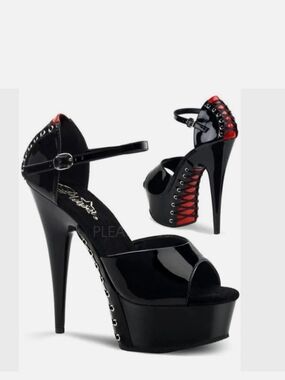 Pleaser Black Patent Platform Sandals with Red Accent Lacing Size 11